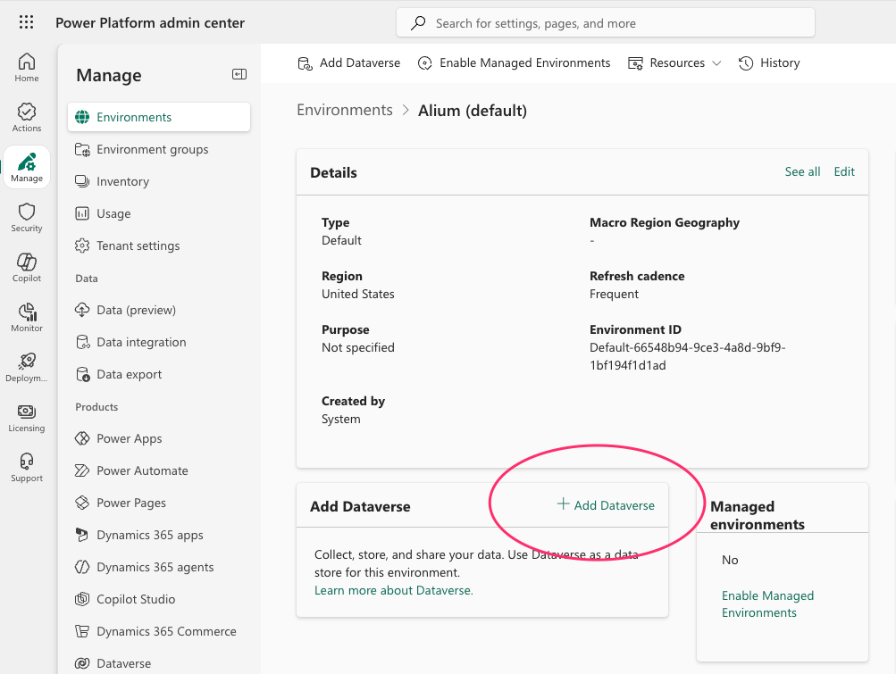 The Power Platform admin center environment page, with the Add Dataverse button highlighted