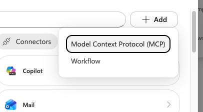 The + Add menu showing the Model Context Protocol (MCP) option