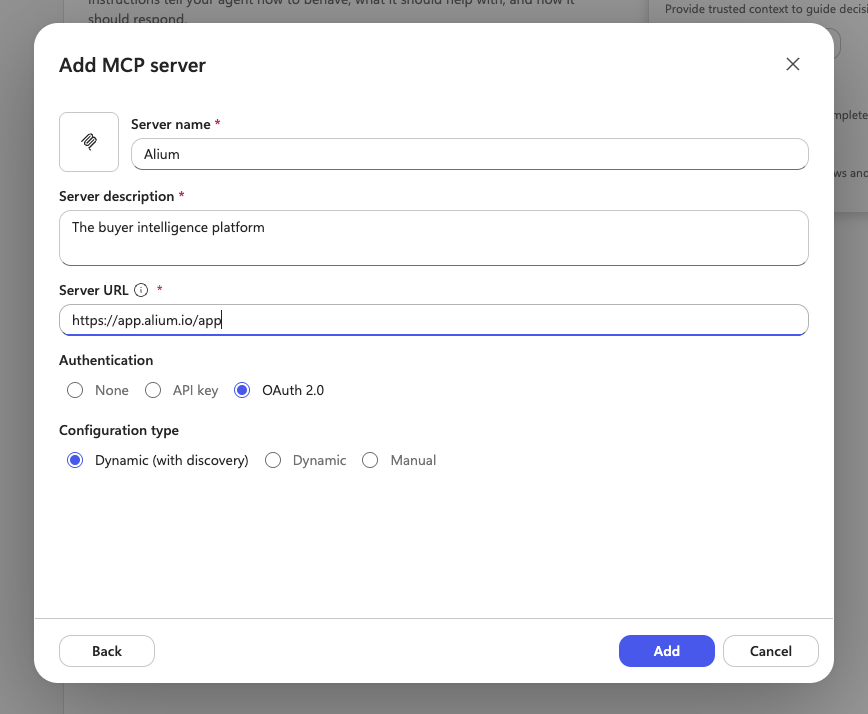 The Add MCP server form filled in with the Alium server details