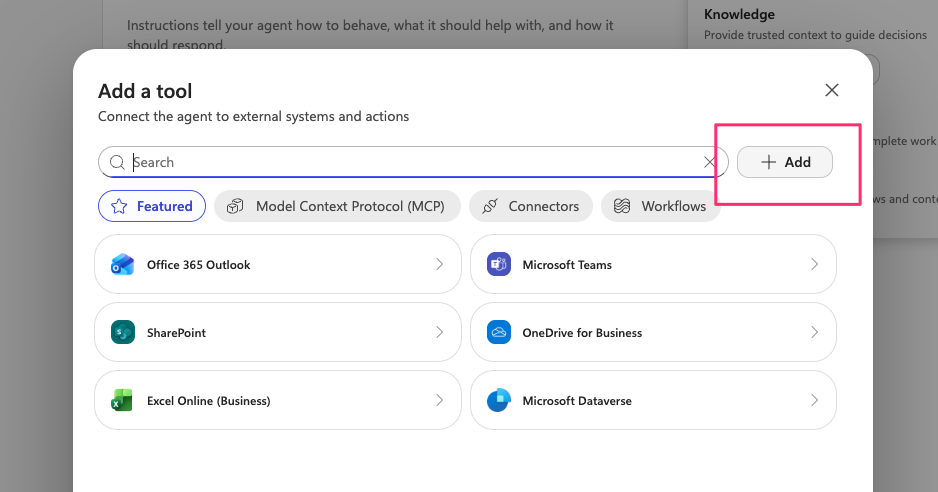 The Add a tool dialog, with the + Add button highlighted