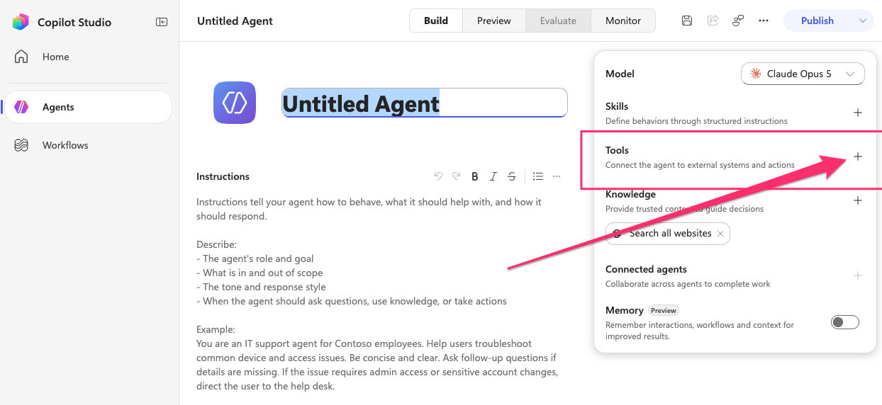 The Copilot Studio agent Build tab, with the + button next to Tools highlighted