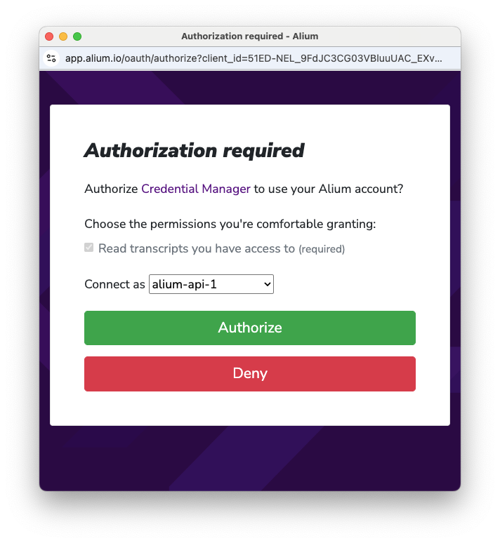 The Alium Authorization required window, with the Connect as dropdown showing an agent seat