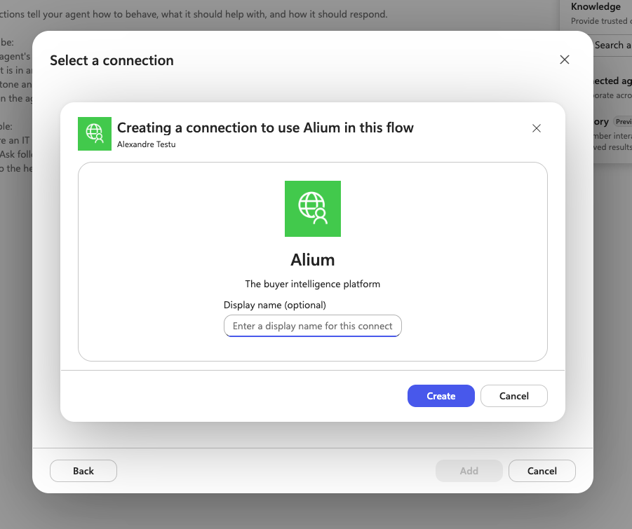The Creating a connection dialog for Alium, with the Create button