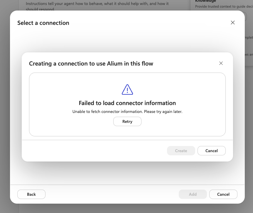 The Failed to load connector information error in the Creating a connection dialog