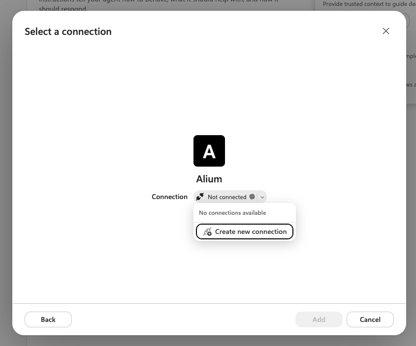 The Select a connection screen, with Create new connection shown in the Connection dropdown