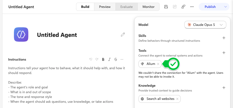 The agent Build tab showing Alium listed under Tools