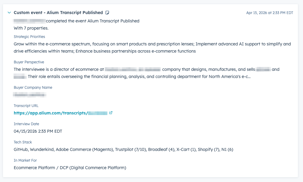 Alium Transcript Published timeline event on a HubSpot company record