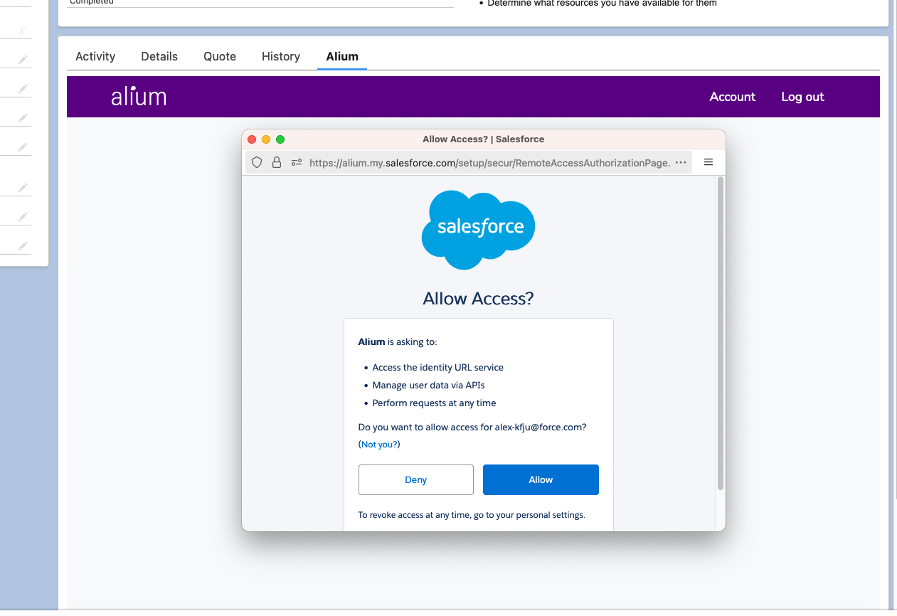 The Salesforce Allow Access pop-up listing the permissions Alium requests