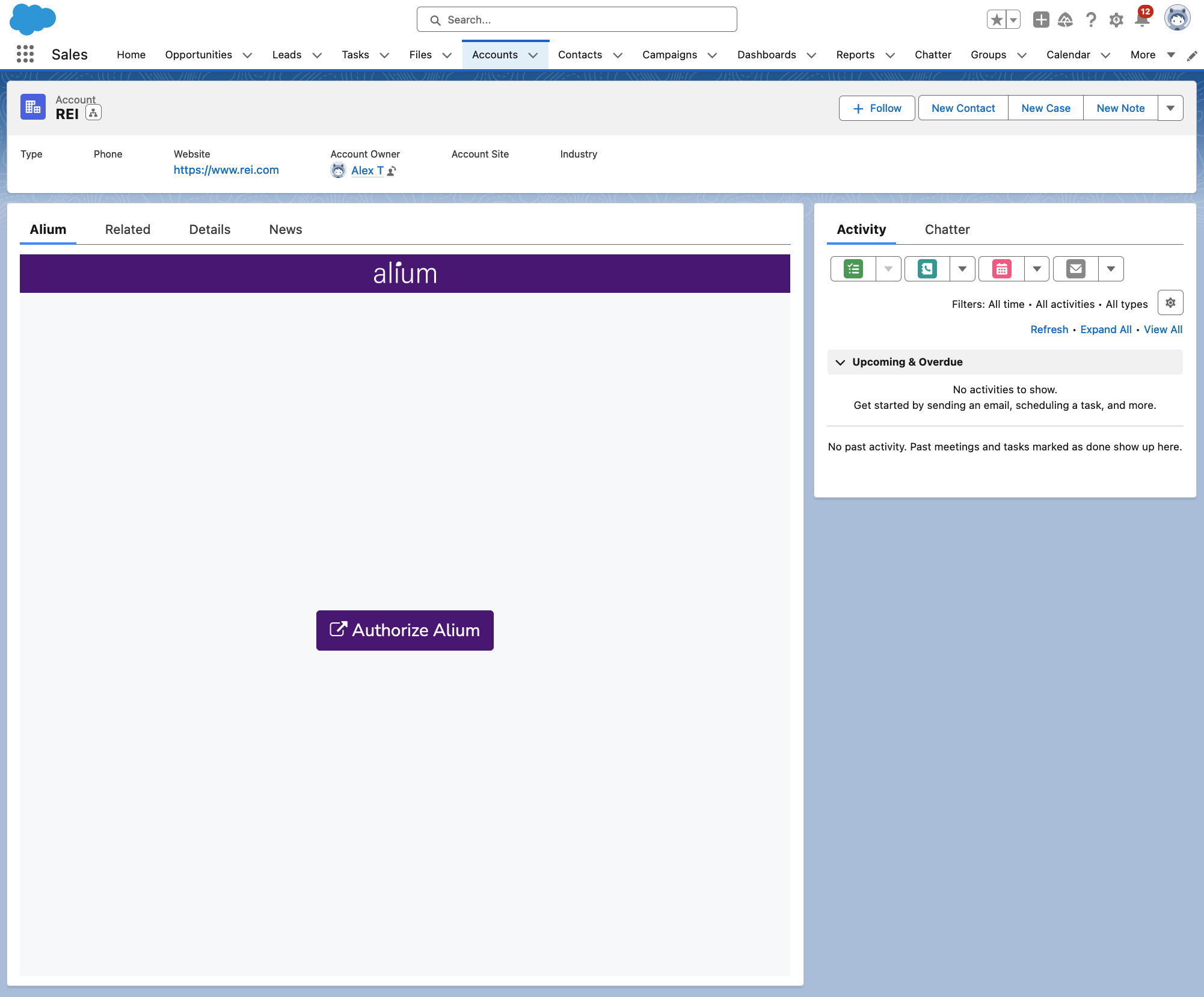 The Alium panel on a Salesforce Account page showing the Authorize Alium button