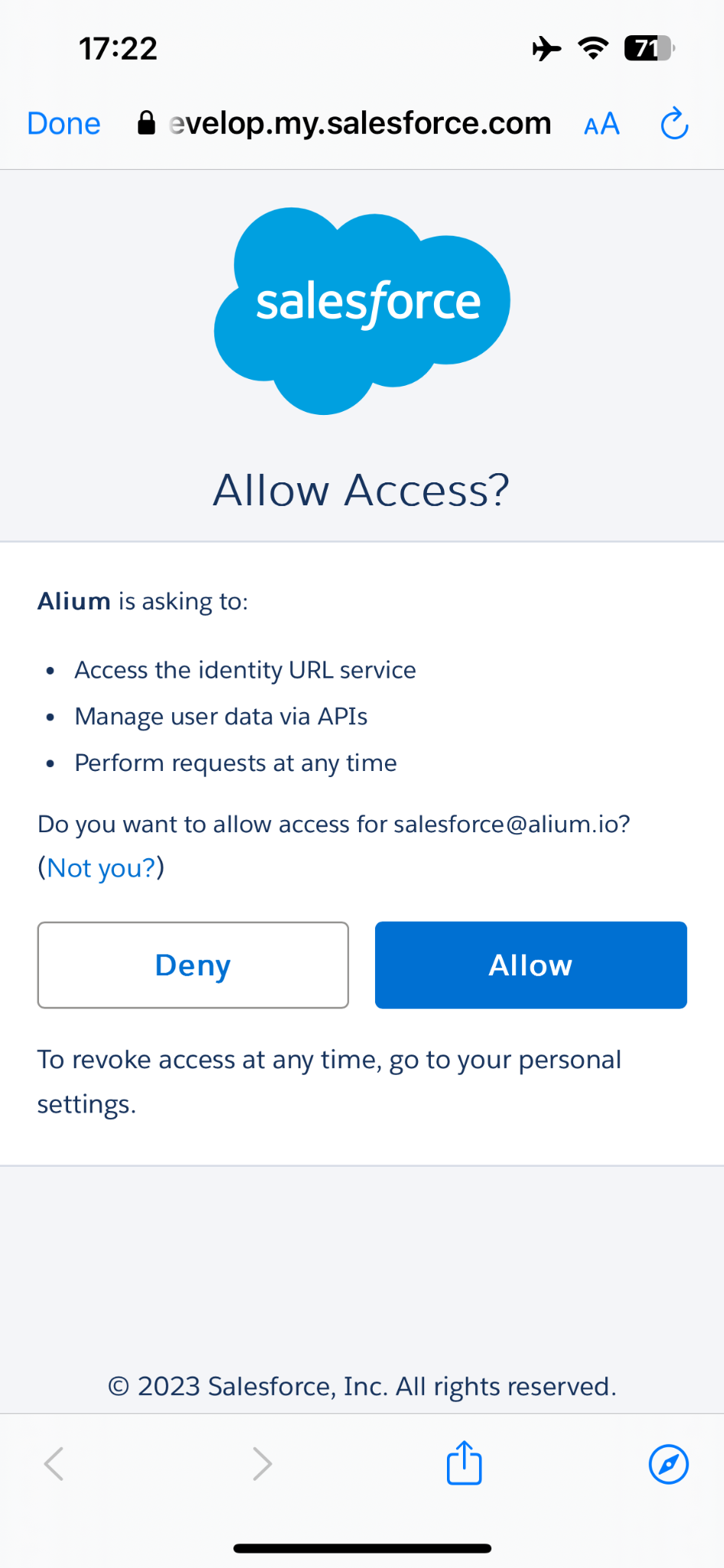 The Allow Access screen in the Salesforce mobile app, with the Done button to close the browser