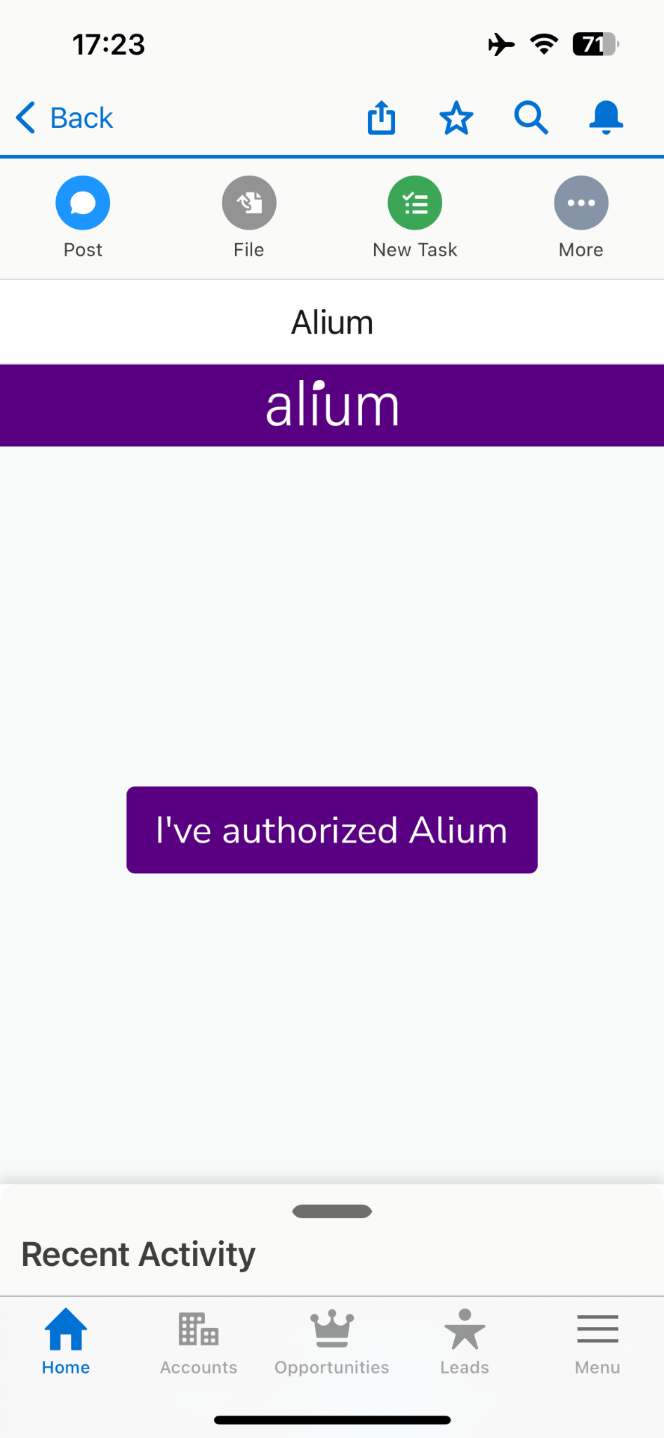 The Alium panel in the Salesforce mobile app showing the I've authorized Alium button