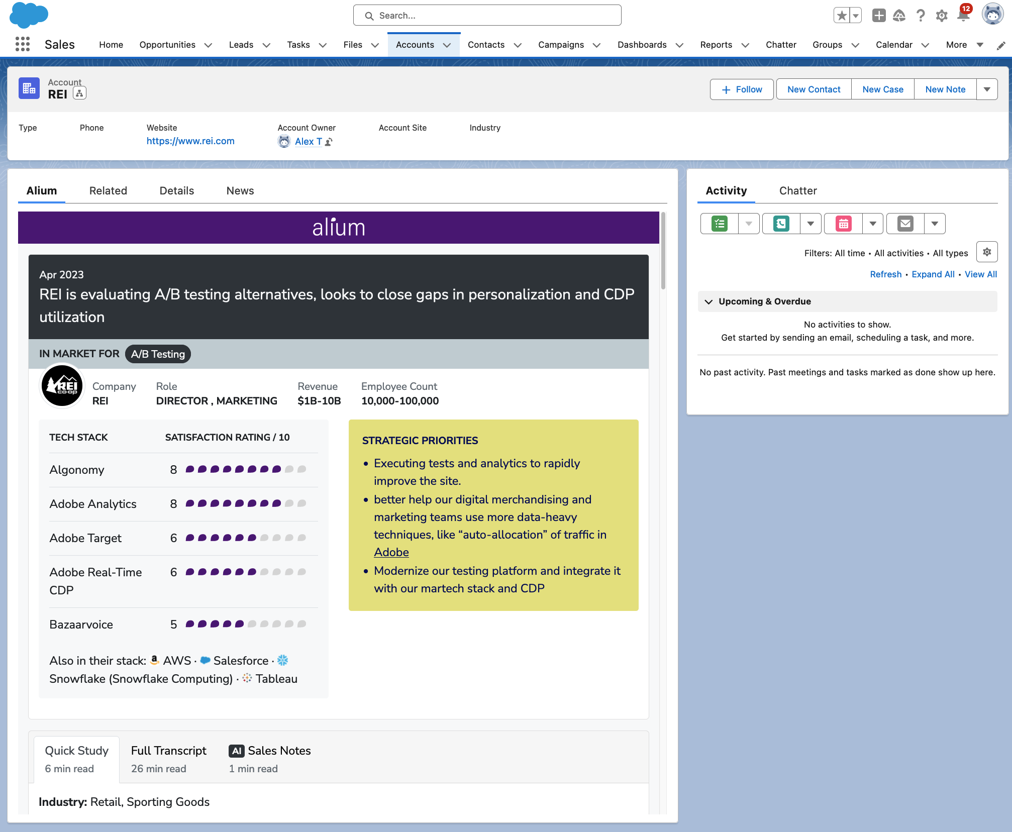 The Alium intel panel populated on a Salesforce Account page, showing the buyer summary, tech stack, and strategic priorities